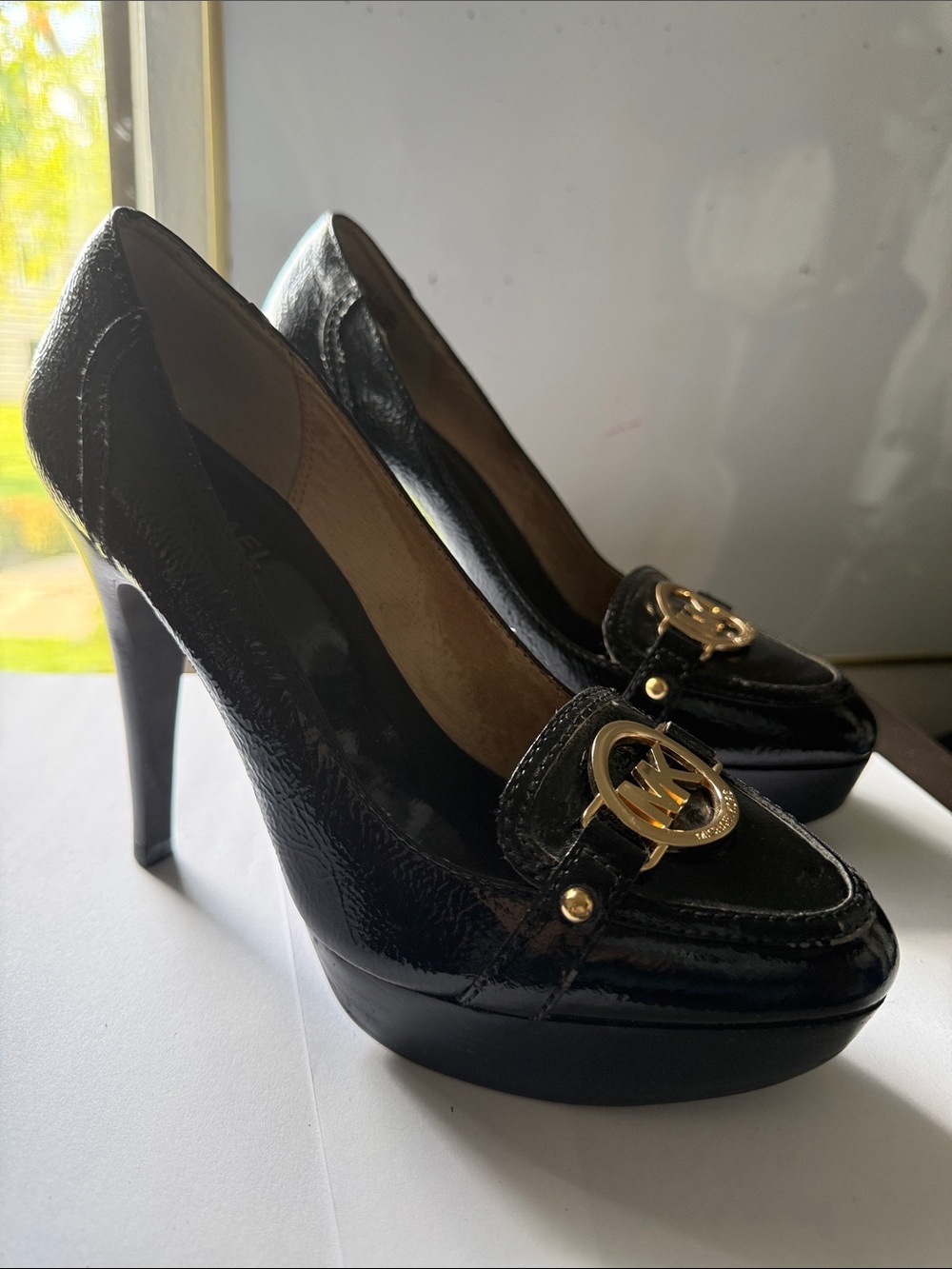 Michael Kors Black Patent High Leather Heel Gold MK Logo Accent  - Size 7